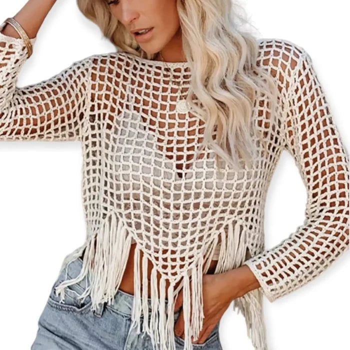 Beige Boho Fringe Cropped Top long-sleeve cropped top with hi-low fringe hem, boho beach/festival  women’s size large