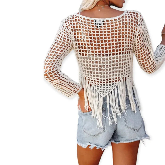 Beige Boho Fringe Cropped Top long-sleeve cropped top with hi-low fringe hem, boho beach/festival  women’s size large