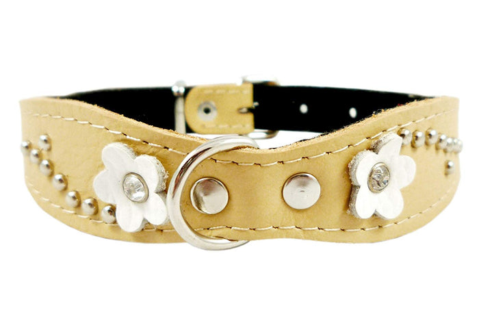 Beige Genuine leather Designer Dog Collar 14.5"x1" with Studs, Daisy, and Rhinestone