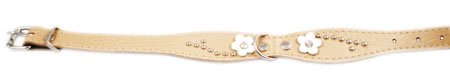 Beige Genuine leather Designer Dog Collar 14.5"x1" with Studs, Daisy, and Rhinestone