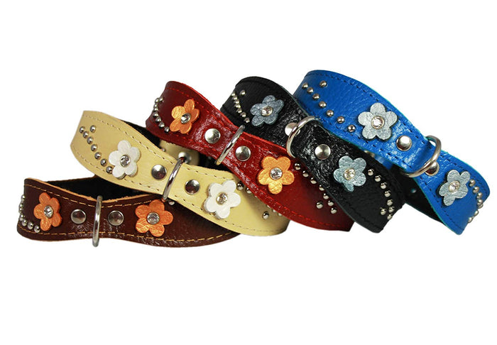 Beige Genuine leather Designer Dog Collar 14.5"x1" with Studs, Daisy, and Rhinestone
