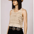 Beige Knit Fringe Cropped Tank Top with textured open-knit and round neckline, women's top