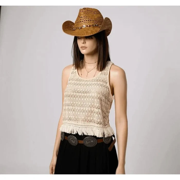 Beige Knit Fringe Cropped Tank Top with textured open-knit and round neckline, Beige Knit Fringe Cropped Tank Top with textured open-knit and round neckline, women's top