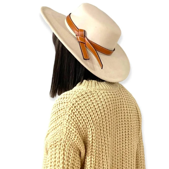 Beige Round Top Wide Brim Fedora with flat crown, brown faux leather band, and structured boho western brim