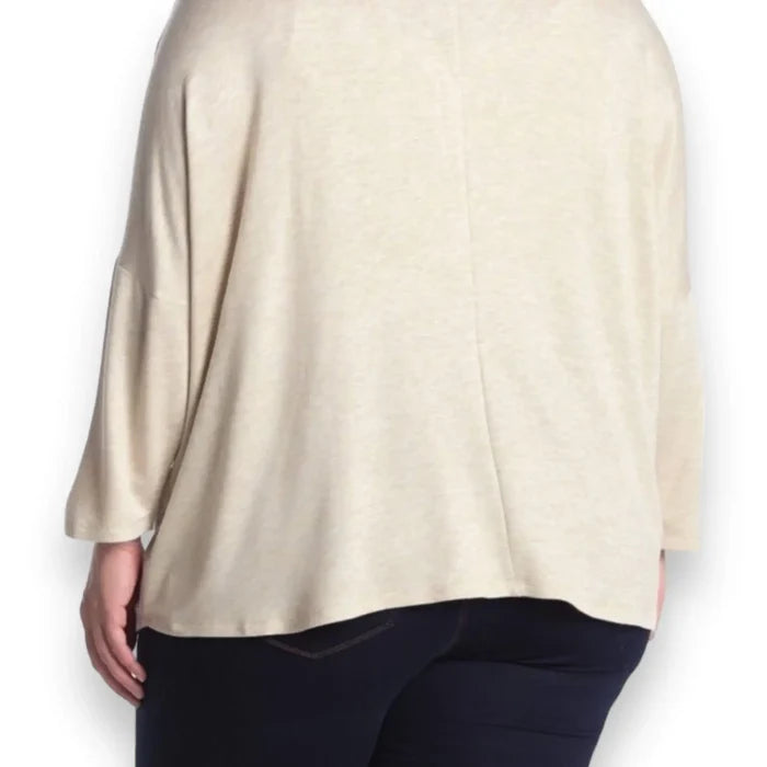 beige v neck button down cardigan sweater plus size 1x with dolman sleeves super soft french terry neutral layering knit back side