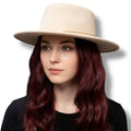 White background Woman wearing a Beige Wide Brim Fedora Hat Gold Metal Band / One Size Fits Most