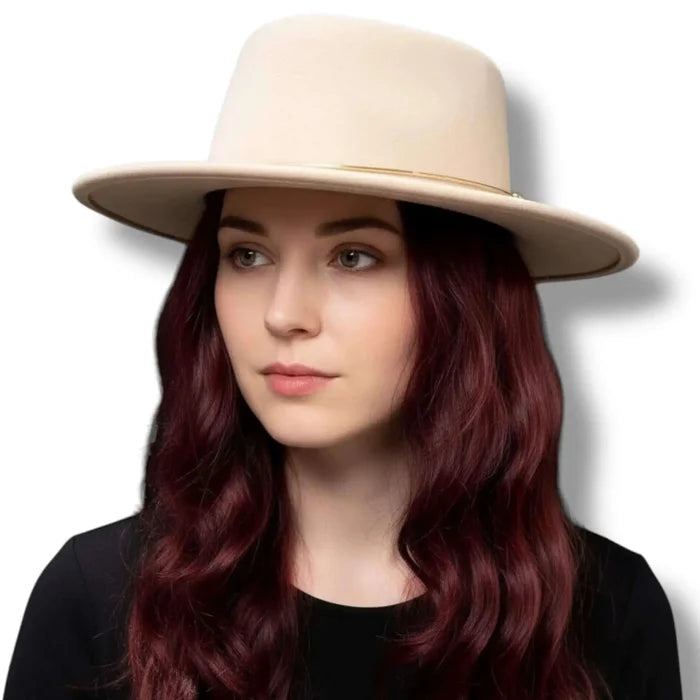 White background Woman wearing a Beige Wide Brim Fedora Hat Gold Metal Band / One Size Fits Most