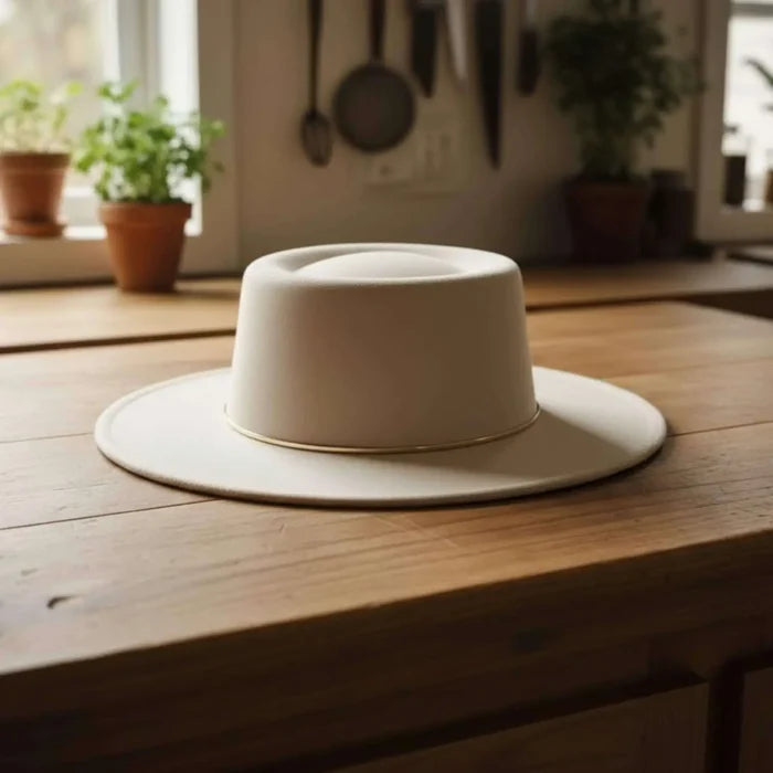 on counter Beige Wide Brim Fedora Hat Gold Metal Band / One Size Fits Most