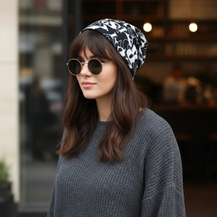 Black Allover Lettering 3-in-1 Beanie Cap with stretch jersey and Y2K streetwear style