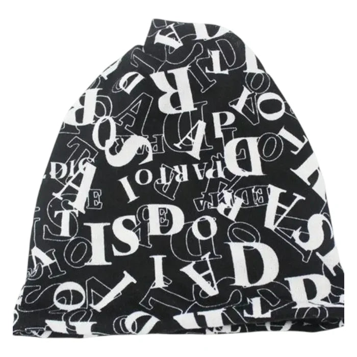 Black Allover Lettering 3-in-1 Beanie Cap with stretch jersey and Y2K streetwear style