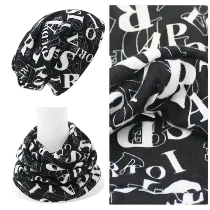 Black Allover Lettering 3-in-1 Beanie Cap with stretch jersey and Y2K streetwear style