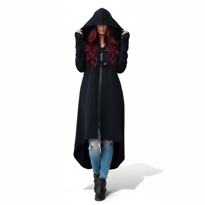 Black Asymmetric Long Zip Hooded Jacket with silver zipper, drawstring hood, front pockets and high-low hem