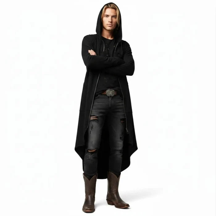 Black Asymmetric Long Zip Hooded Jacket with silver zipper, drawstring hood, front pockets and high-low hem
