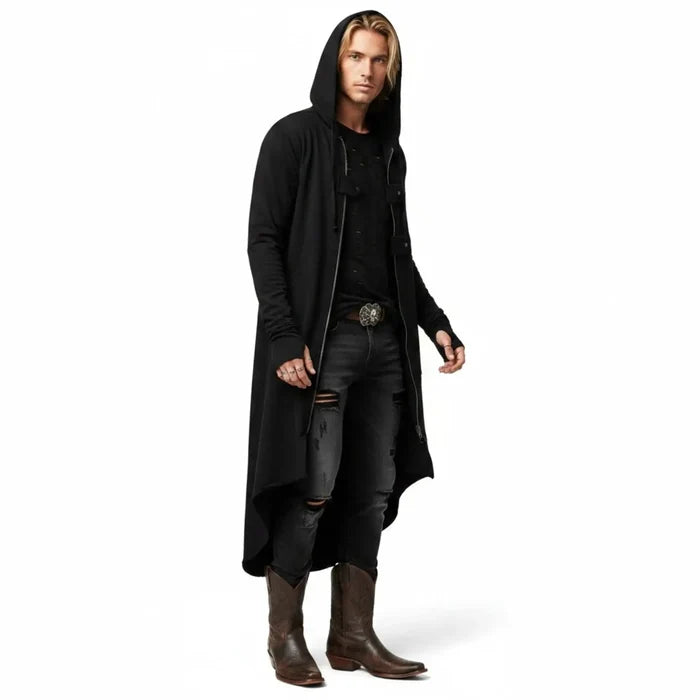 Black Asymmetric Long Zip Hooded Jacket with silver zipper, drawstring hood, front pockets and high-low hem
