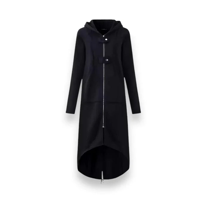 Black Asymmetric Long Zip Hooded Jacket with silver zipper, drawstring hood, front pockets and high-low hem