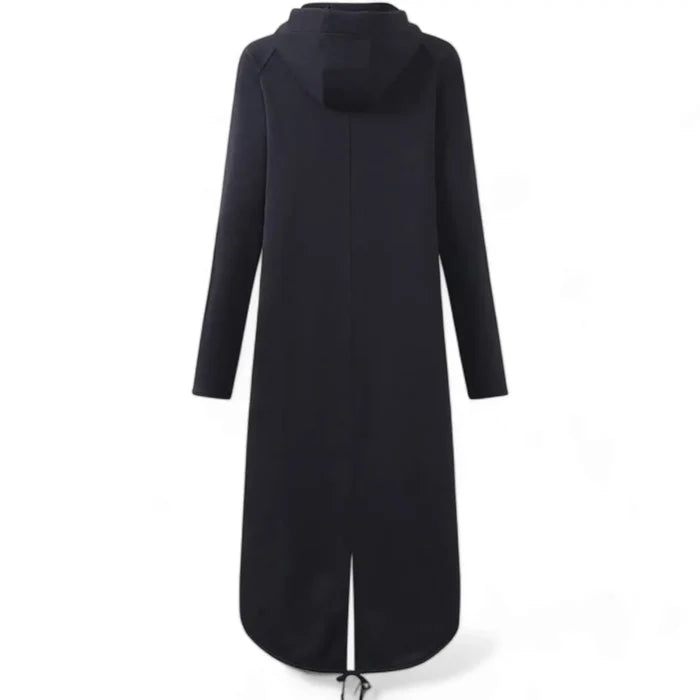 Black Asymmetric Long Zip Hooded Jacket with silver zipper, drawstring hood, front pockets and high-low hem