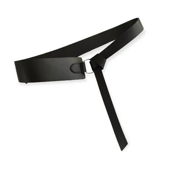 Black faux leather belt with wide-to-narrow design and silver buckle