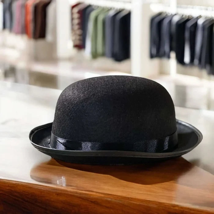 Black Bowler Hat Lace Band with dome crown and curled brim in cotton blend felt for gothic vintage style