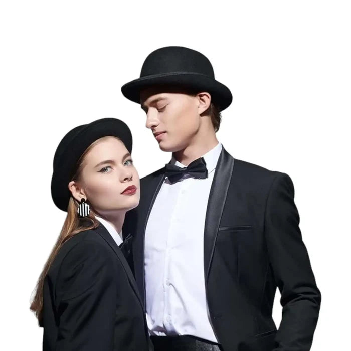Black Bowler Hat Lace Band with dome crown and curled brim in cotton blend felt for gothic vintage style