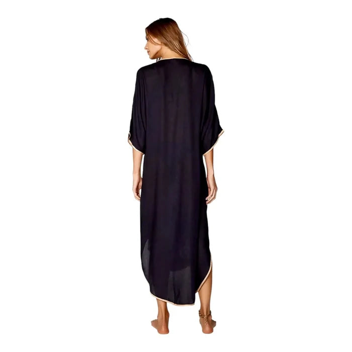 Black Button Down Embroidered Moroccan Kaftan with white embroidery, gold trim, and abalone shell buttons back view