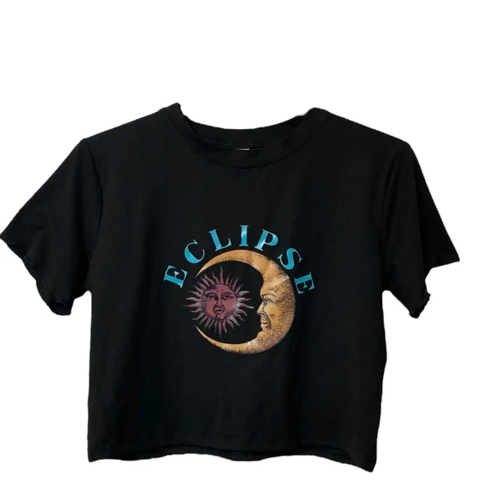 Black Celestial Graphic Crop Top - Wild Time Fashion
