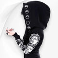 Black celestial zip up hoodie jacket with white moon phase graphics on hood sleeves and back oversized lightweight sweatshirt jacket size 2XL