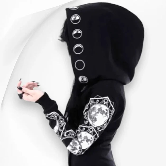 Black celestial zip up hoodie jacket with white moon phase graphics on hood sleeves and back oversized lightweight sweatshirt jacket size 2XL