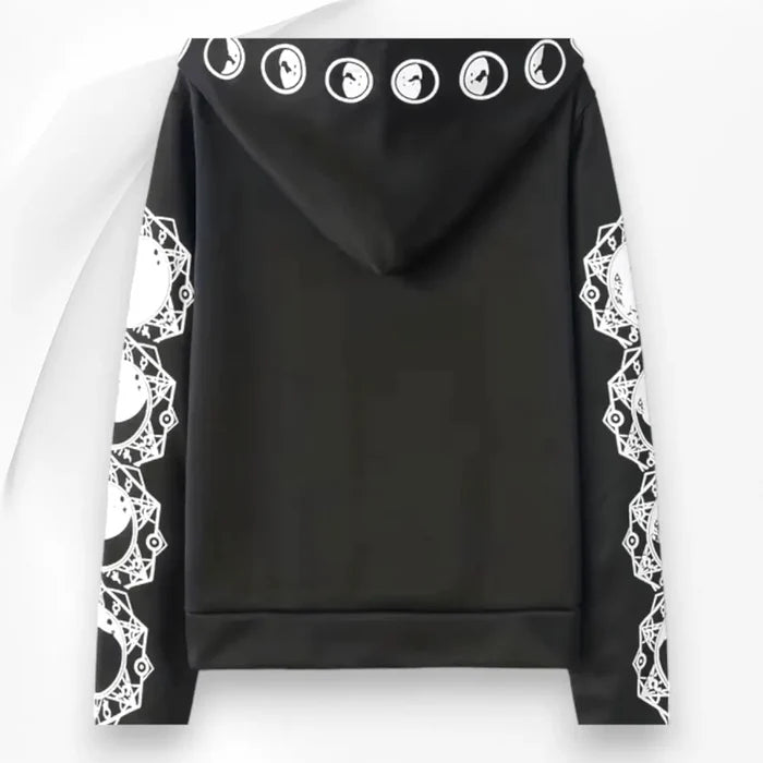 Black celestial zip up hoodie jacket with white moon phase graphics on hood sleeves and back oversized lightweight sweatshirt jacket size 2XL