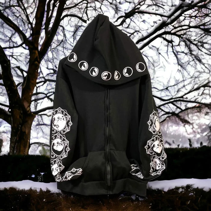 Black celestial zip up hoodie jacket with white moon phase graphics on hood sleeves and back oversized lightweight sweatshirt jacket size 2XL