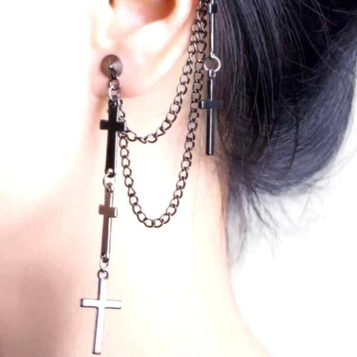 Black Chain Ear Cuff Multi Cross Post Earring
