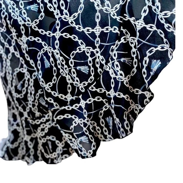 Black White Chain Tassel Print Midi A-line Wrap Skirt