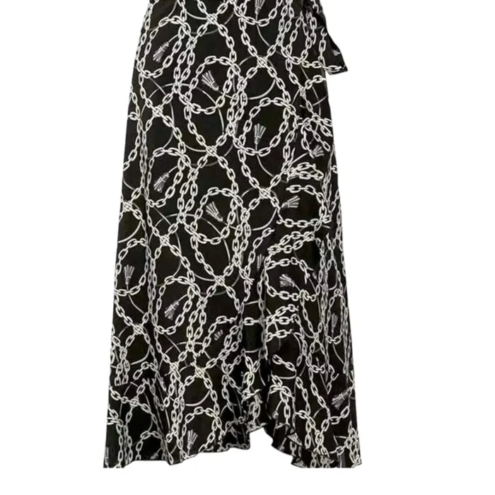 Black White Chain Tassel Print Midi A-line Wrap Skirt