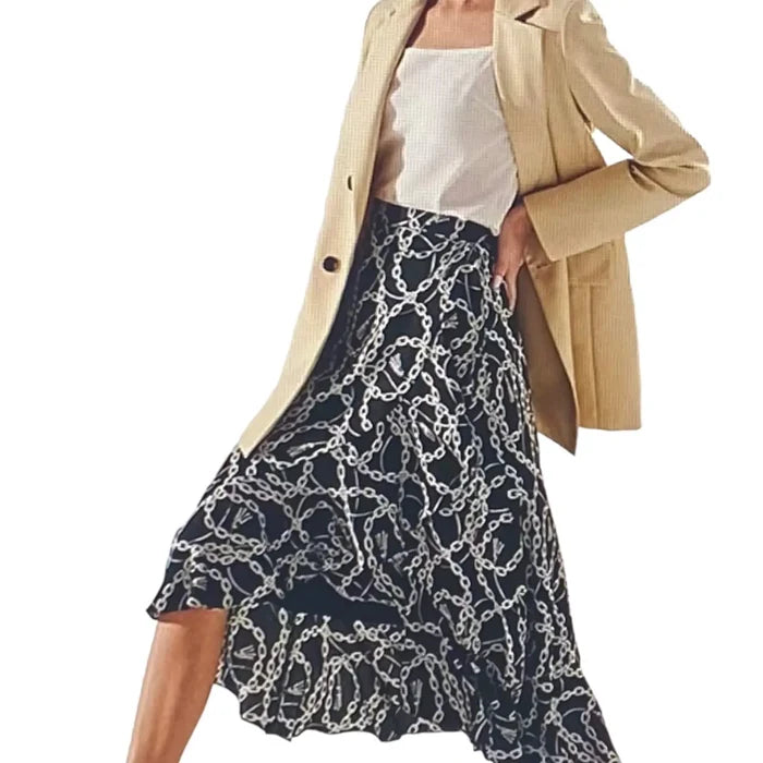 Black White Chain Tassel Print Midi A-line Wrap Skirt