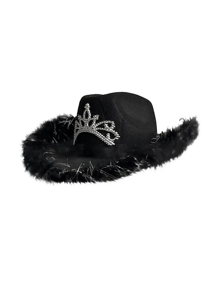 Black Cowboy Hat with Fluff Trim - thefancydress.co.uk