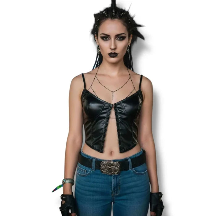woman wearing with a crop top Black Crystal Chain Chest Harness with adjustable black chain, sparkling rhinestones, Y-drop tassel, and gothic body jewelry style