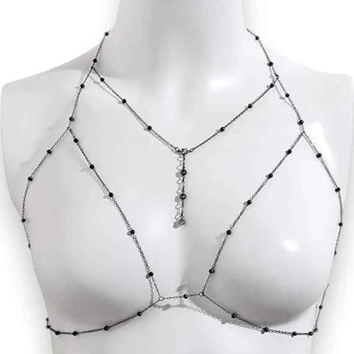Black Crystal Chain Chest Harness with adjustable black chain, sparkling rhinestones, Y-drop tassel, and gothic body jewelry style
