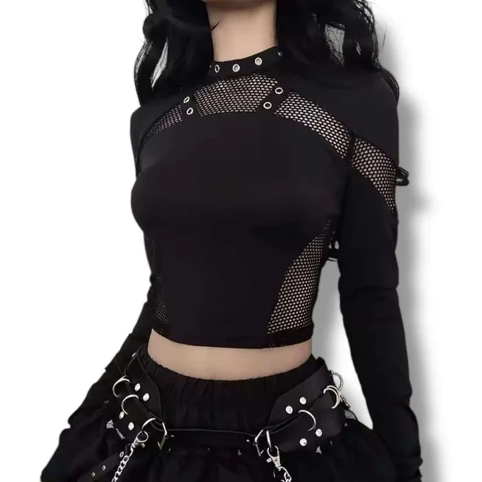 Black cut out mesh studs cropped top with fishnet panel sleeves, silver grommet neckline straps, and keyhole back button closure, women’s fitted size large