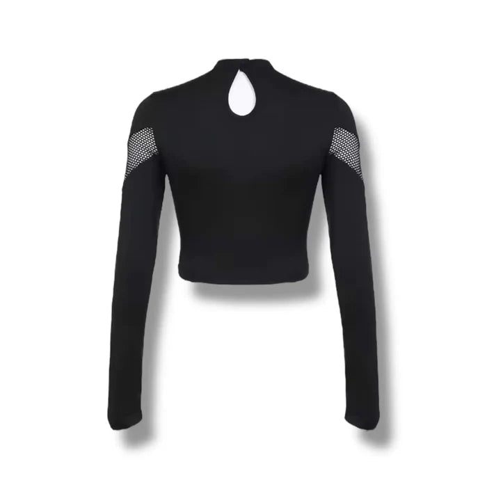 Black cut out mesh studs cropped top with fishnet panel sleeves, silver grommet neckline straps, and keyhole back button closure, women’s fitted size large
