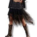 western woman wearing Black Denim Asymmetric Midi Tulle Skirt / large