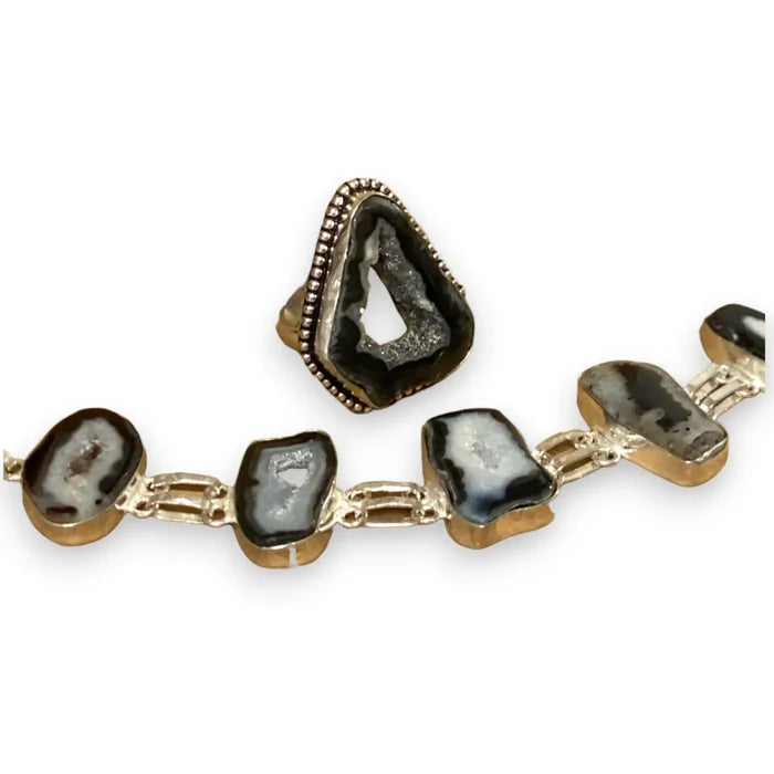 Artisan sterling silver statement black spinel druzy agate gemstone ring with matching bracelet