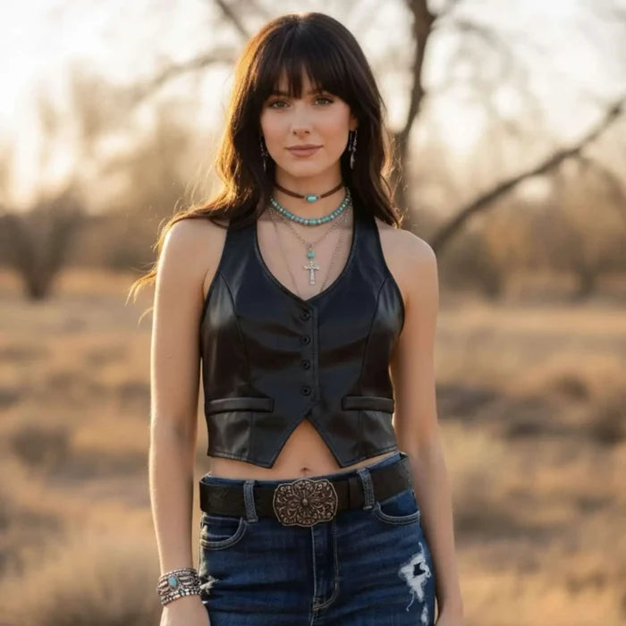 Woman wearing Black Faux Leather Button Up Crop Halter Vest