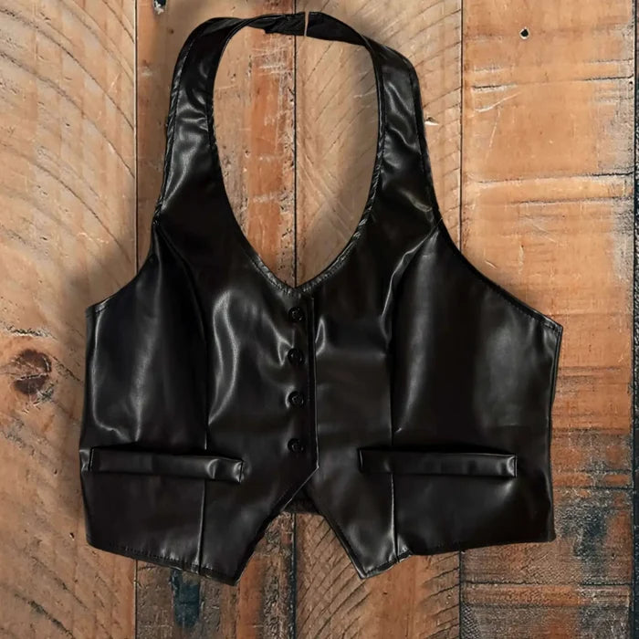 Black Faux Leather Button Up Crop Halter Vest on wood floor background
