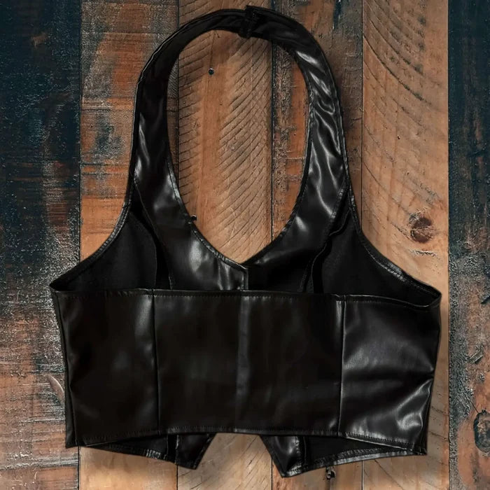 Black Faux Leather Button Up Crop Halter Vest  back view on wood floor background