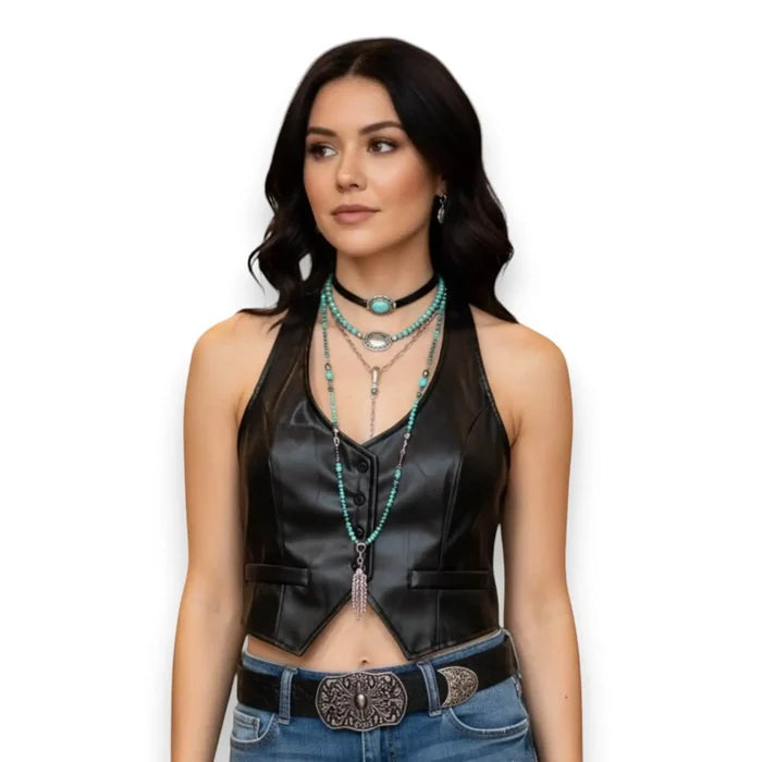 Woman wearing Black Faux Leather Button Up Crop Halter Vest