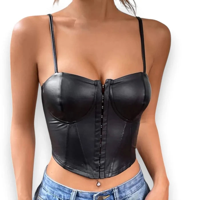 Women's Black Faux Leather Cropped Corset Top with hook-eye front and festival style / large