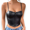Women's Black Faux Leather Cropped Corset Top with hook-eye front and festival style / large