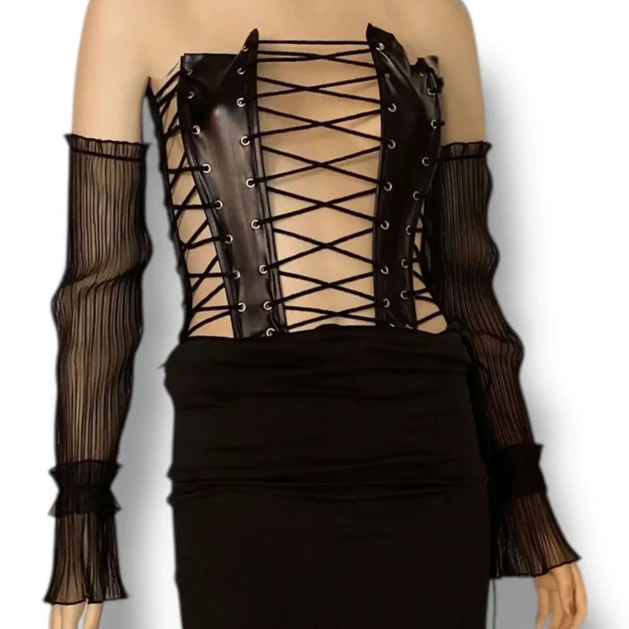 Black Faux Leather Lace-Up Corset Top fitted sleeveless cropped top with silver grommets triple lacing and shiny coated finish