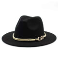 Black Fedora Hat Gold Rope Band flat lay white background