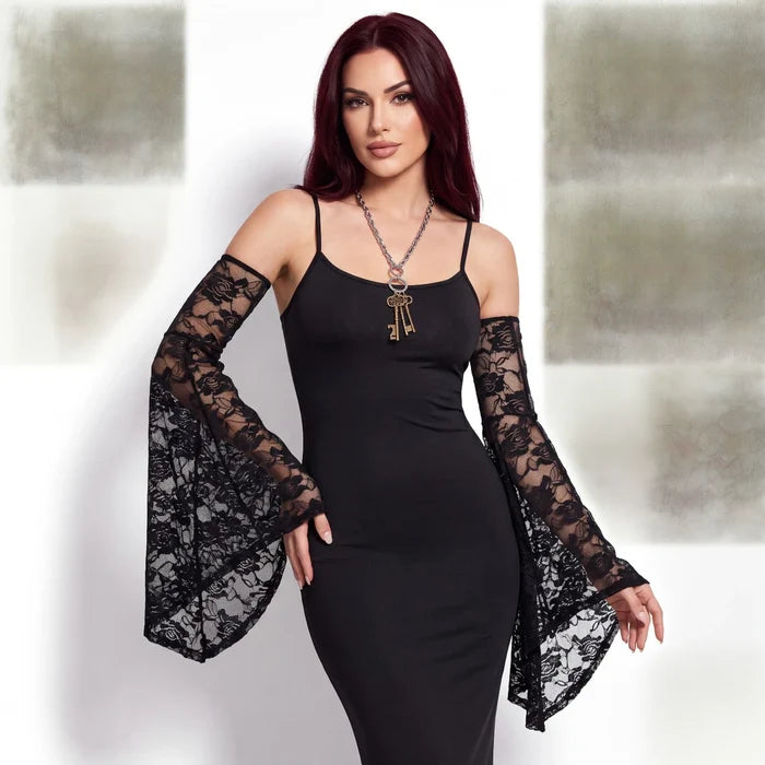 woman wearing pair of Black Floral Lace Flared Sleeve Arm Covers with dramatic gothic bell sleeves / one size