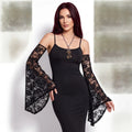 woman wearing pair of Black Floral Lace Flared Sleeve Arm Covers with dramatic gothic bell sleeves / one size